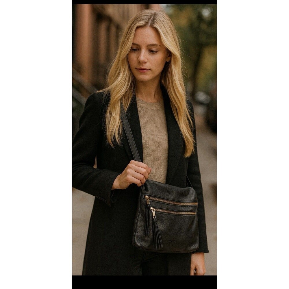Margot New York Double Zip Black Pebbled Leather Crossbody Top Folds Over Flap